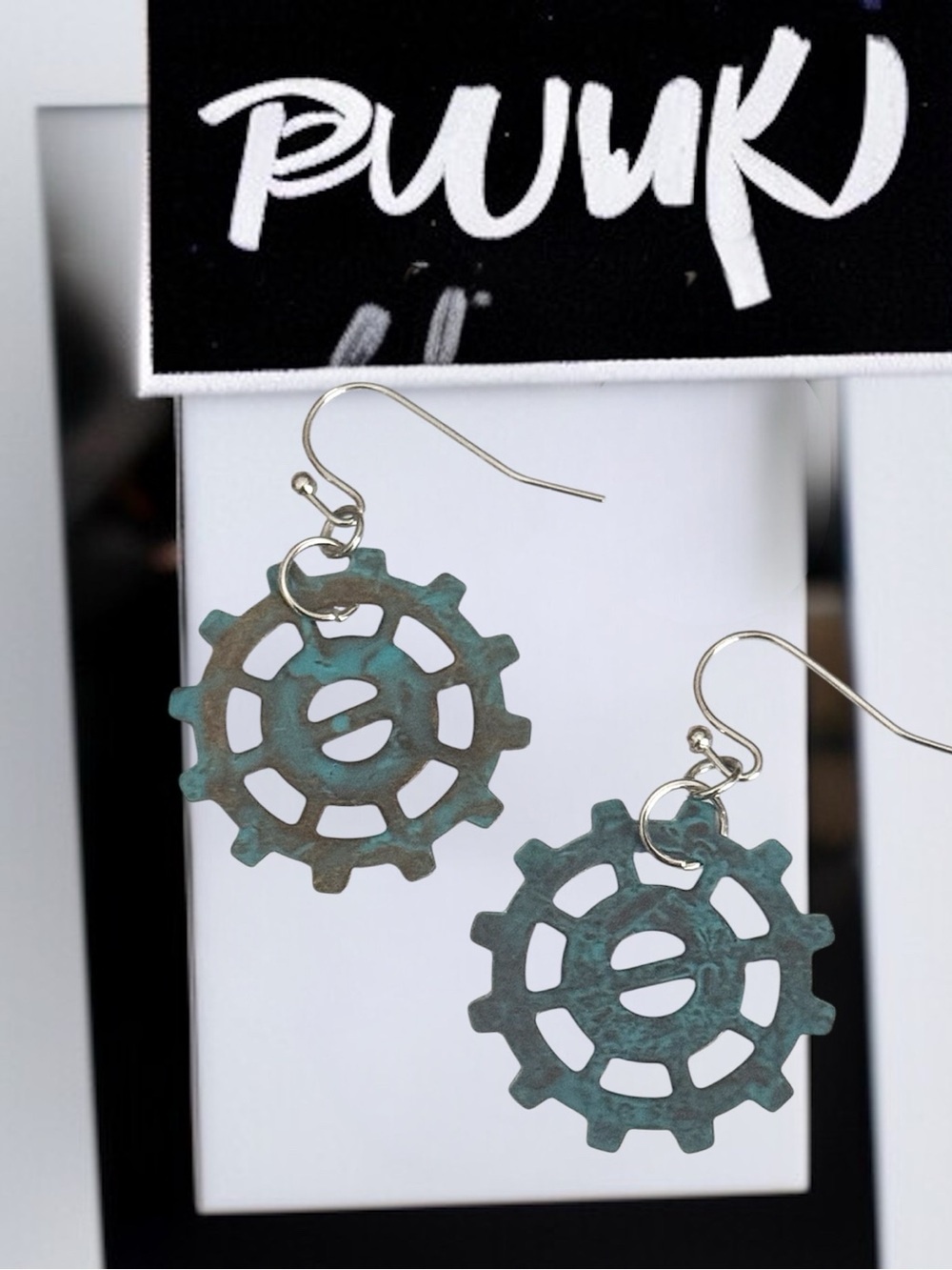 5 For $25💫PUUKI Patina Steampunk Gear Drop Earrings - Turquoise Green